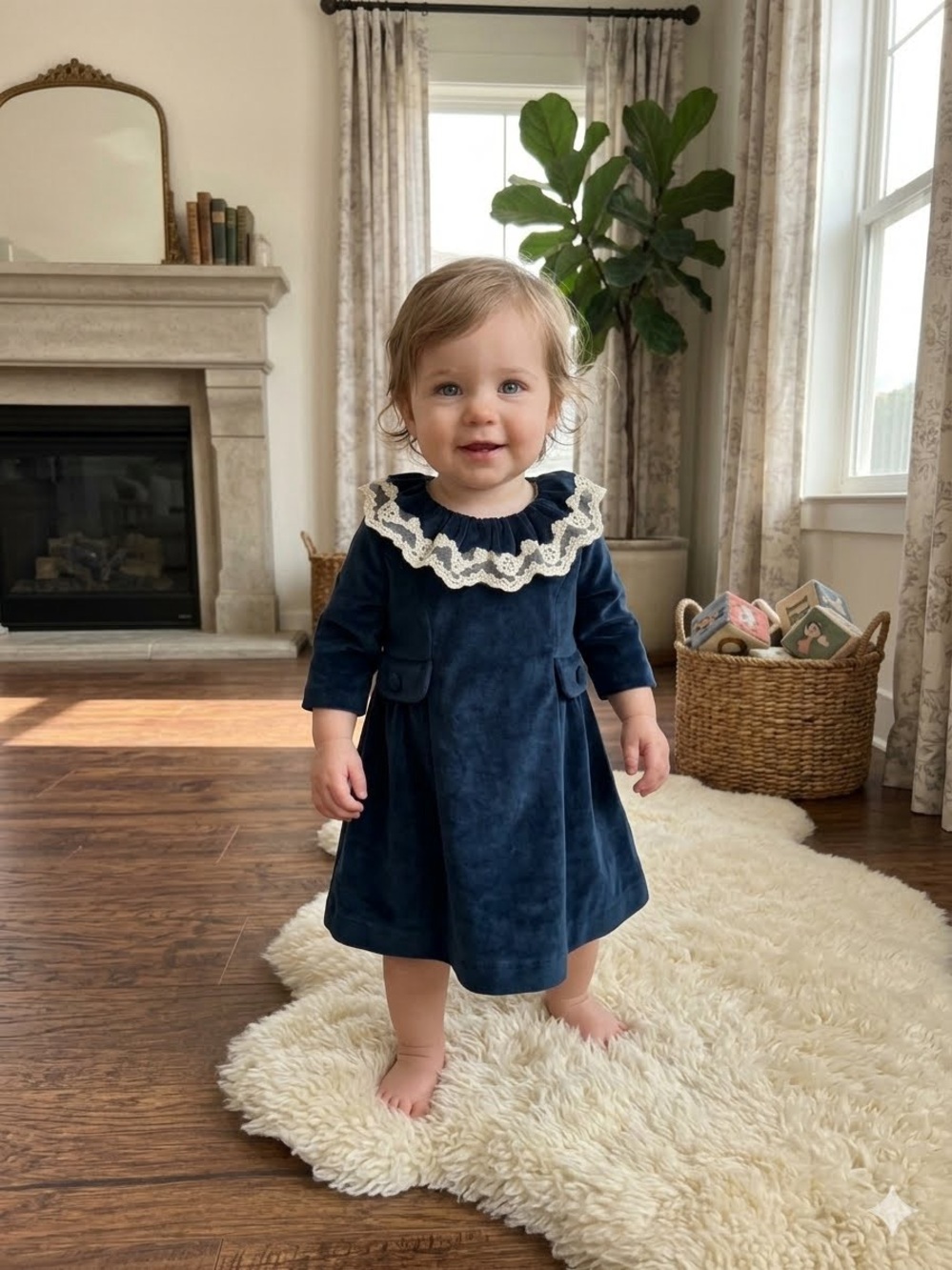 Foque Navy Velvet Dress with Cream Lace Collar - Girls Formal
